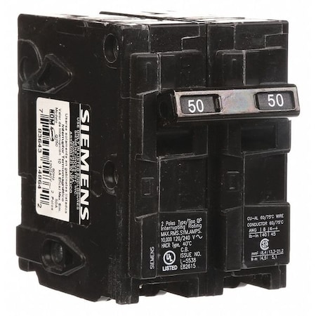 Miniature Circuit Breaker, Q Series, 50A, 2 Pole, 120/240V AC, 10kA at 120V AC