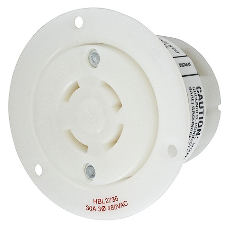 Flanged Locking Receptacle, L16-30R, 30 A, 480V AC, Three Phase, 3 Pole, Flush Mount, White