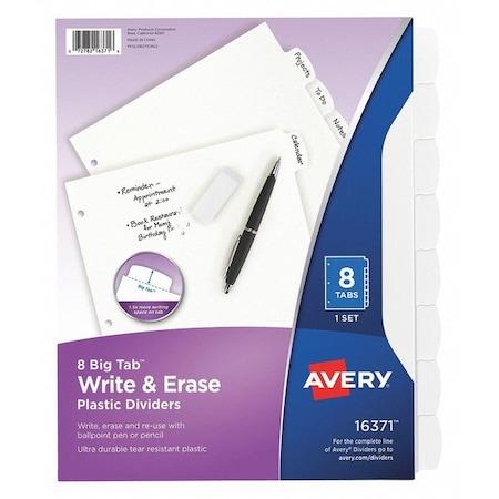 Avery Big Tab Write & Erase Durable Plastic Dividers 16371, 8 White Tabs, 1 Set