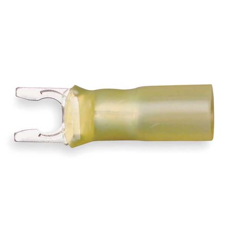Fork Terminal, 1/4 in Stud Size, 10 AWG, 600 V, Heat Shrink Insulated, Yellow, 25 PK