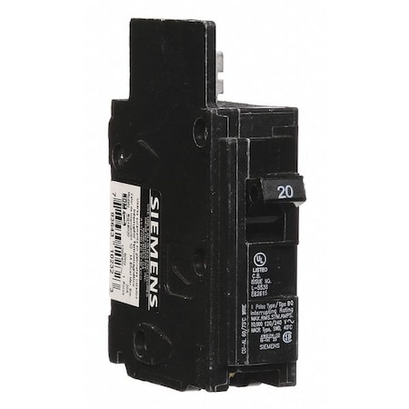 Miniature Circuit Breaker, BQ Series, 20A, 1 Pole, 120V AC, 10kA at 120V AC