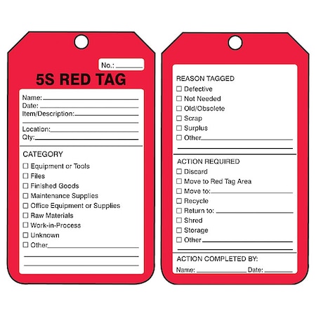 Tag, 5S Red Tag, Cardstock, 5 3/4 in H x 3 1/4 in W, Red, Rectangle, 25 PK