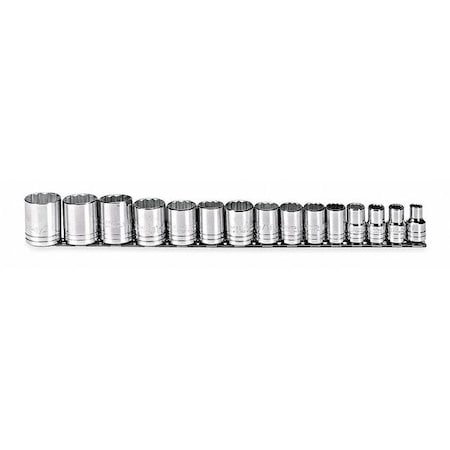 1/2" Drive Socket Set, SAE, 15pcs, Skt St, Chrm,3/8 in to 1 1/4 in, 12Pt