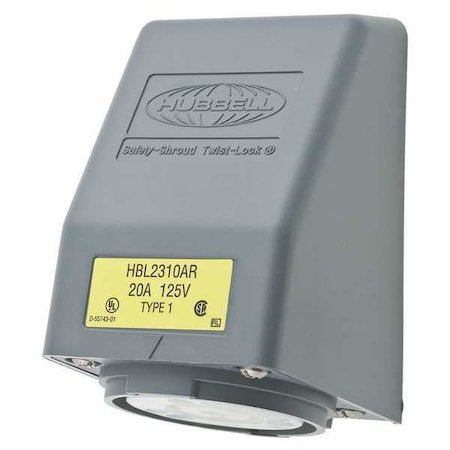 Flanged Locking Receptacle, L5-20R, 20 A, 125V AC, Single Phase, 2 Pole, Flush Mount, Gray