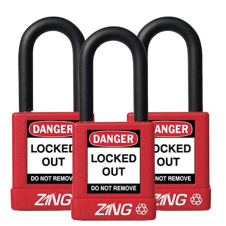 Lockout Padlock, Keyed Alike, Aluminum, Red, 1 1/2 in Shackle Height, 1 1/2 in Body Width, 3 PK