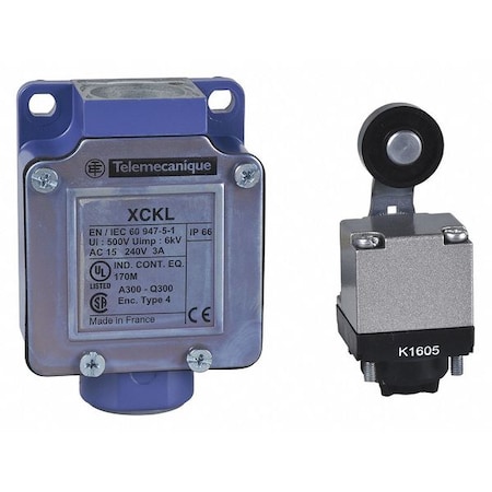 Limit Switch, Roller Lever, Rotary, 1NC/1NO, 10A at 240V AC, Actuator Location: Top