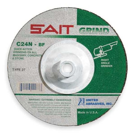 Depressed Center Grinding Wheel, Type 27, 9 in Dia, 0.25 in Thick, 5/8"-11 Arbor Hole Size, 24 Grit