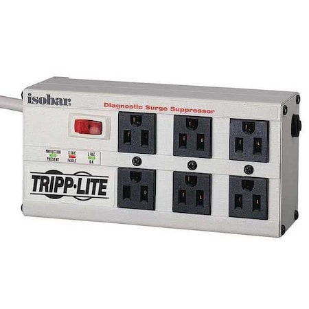 Outlet Strip, Surge, 6 5-15R, 5-15P, 6 ft., Light Gray