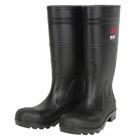 PVC Plain Toed Boots, Plain Toe, PVC, 14 in Height, Pull On Closure, Cleated Sole, Black, 8