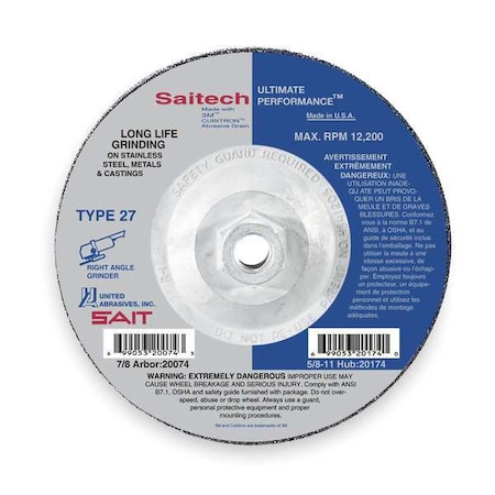 Depressed Center Grinding Wheel, Type 27, 9 in Dia, 0.25 in Thick, 5/8"-11 Arbor Hole Size, Ceramic