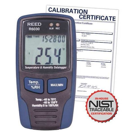 Temperature and Humidity Datalogger, -40 to 158 Degrees F (-40 to 70 Degrees C), 0-100%RH with NIST Calibration Certificate