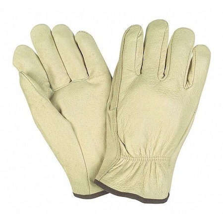 Leather Drivers Gloves, Pigskin, Shirred Slip-On, Straight Thumb, Gunn Cut, Beige, M 12 PK
