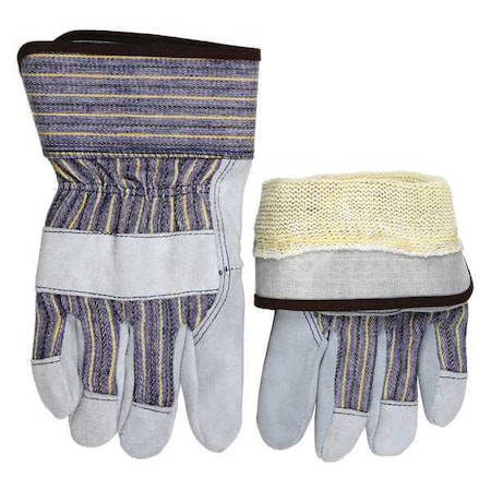 Leather Gloves, Cowhide, Safety Cuff, Wing Thumb, Gray (Palm), Blue/Yellow/Black Stripe (Fabric), S