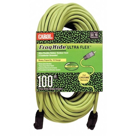 SJOW Extension Cord, 12 AWG, Outdoor, 12/3, 1 Outlets, 5-15R, Green, Rubber, 5-15P, 100 ft