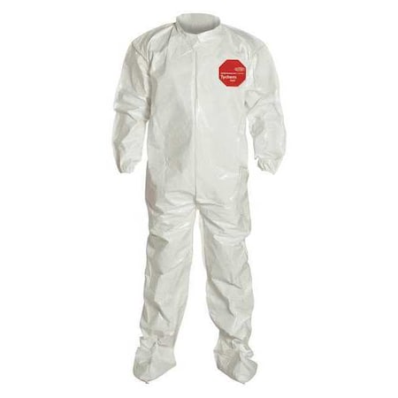0 Coverall. Collar. Elastic Wrists. Attached Socks. Storm Flap with Adhesive Closure. White. LG