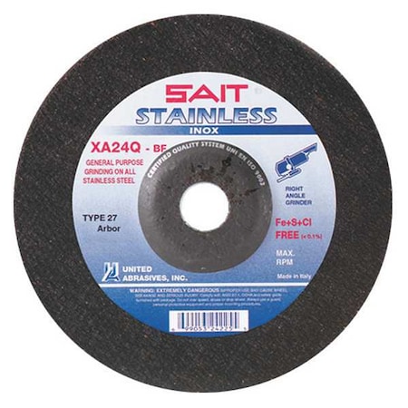 Depressed Center Grinding Wheel, Type 27, 9 in Dia, 0.25 in Thick, 7/8 in Arbor Hole Size, 24 Grit