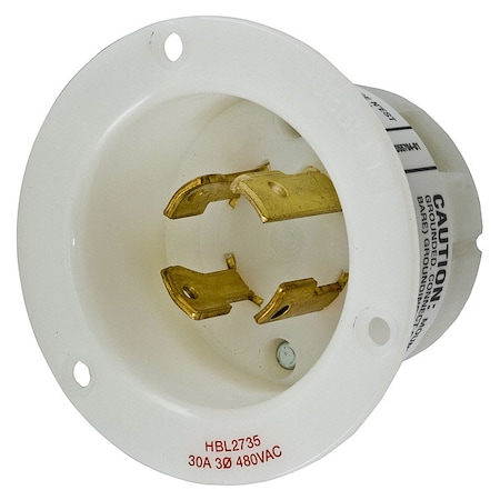 Flanged Locking Inlet, 30 A, 480V AC, Three Phase, 3 Pole, Flush Mount, Screw Terminals, White