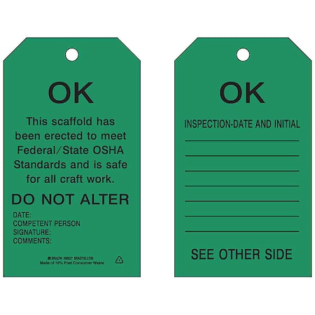 Tag, Inspection, Polyester, 7 in H x 4 in W, Black on Green, Rectangle, 10 PK