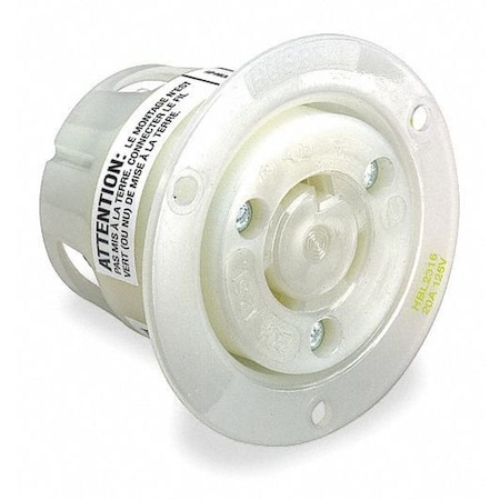 Flanged Locking Receptacle, L6-30R, 30 A, 250V AC, Single Phase, 2 Pole, Flush Mount, White
