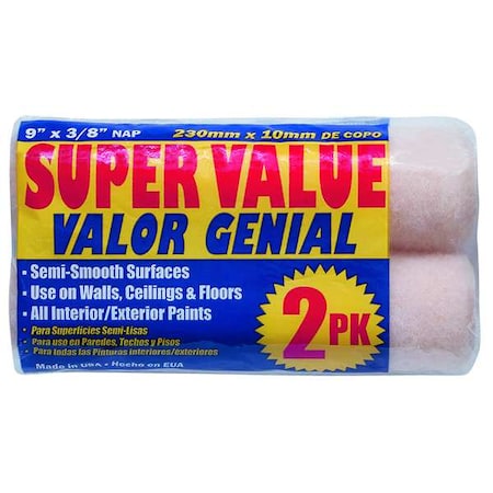 9" Paint Roller Cover, 3/8" Nap, Polyester, 2 PK
