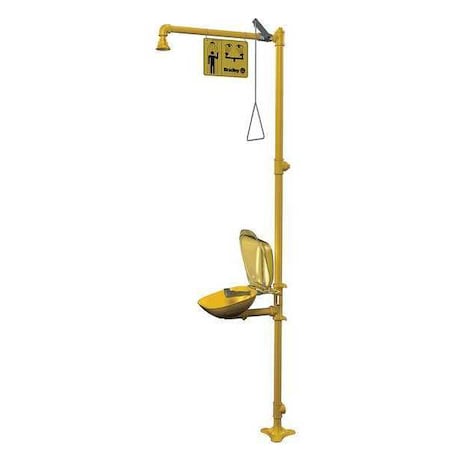Shower with Eyewash, Floor Mount, Galvanized Steel Pipe, 94 1/8 in H, Plastic Bowl, Yellow
