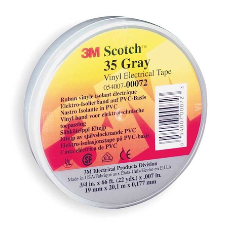 Vinyl Electrical Tape, 35, Scotch, 3/4 in W x 66 ft L , 7 mil thick, Gray