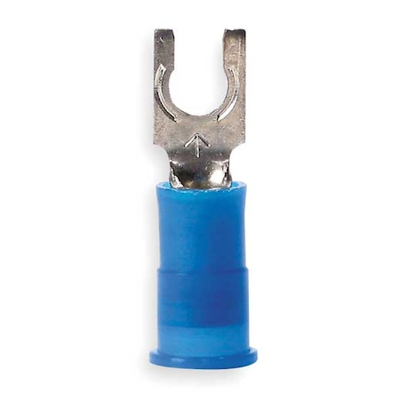 Fork Terminal, #8 Stud Size, 14 AWG, 600 V, Nylon Insulated, Blue, Crimp Termination Only, 100 PK
