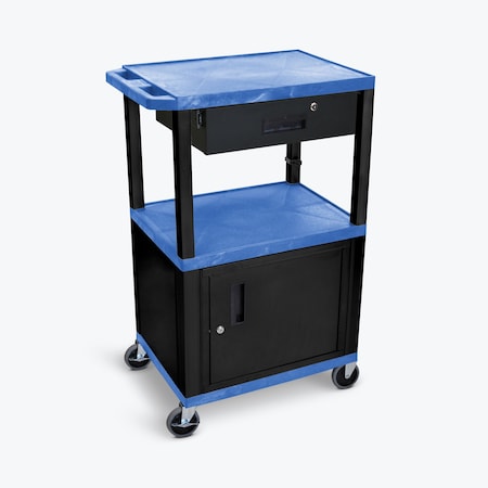 AV Cart, 3 Shelves, Cabinet, Drawer and Black Legs, 42"H