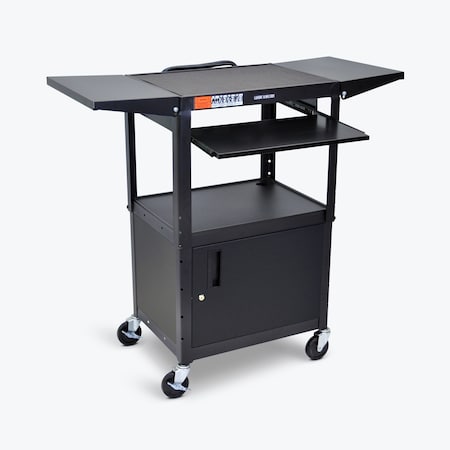Adjust-Height Steel AV Cart,Pullout Keyboard Tray,Cabinet,Drop Leaf