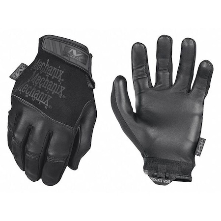 Tactical Glove, Leather Palm, 9" Length, Hook-and-Loop Cuff, Full Finger, Tricot Lining, Black