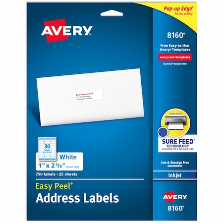 Inkjet Label, 2 5/8 in Label W, 1 in Label H, 30 Labels per Sheet White