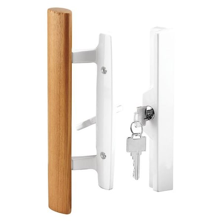Patio Door Handle Set, 3-15/16 In., Diecast, Wood Pull, White, Mortise, Keyed (Single Pack)
