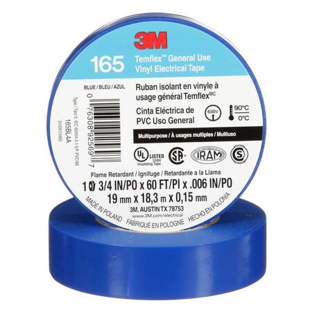 Vinyl Electrical Tape,165, Temflex, 3/4 in W x 60 ft L, 6 mil thick, Blue