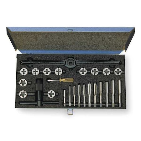 25PC HSSPlugHandTap & CarbonRound Adj Die Set Cle-Line 11 Sizes 1/4-20 To 1/2-20, 1/8-27 UNC,UNF,NPT