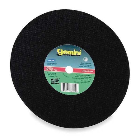 Abrasive Cut-Off Wheel, Type 1, 12 in Dia, 0.125 in Thick, 1 in Arbor Hole Size, Aluminum Oxide
