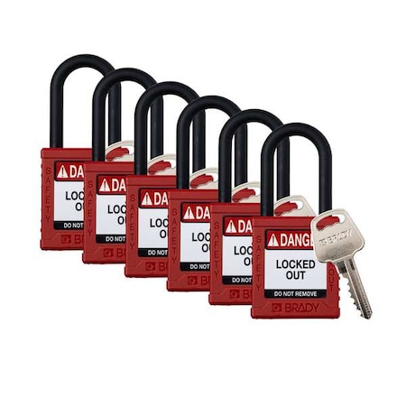 Padlock,6 Pins,Red,PK6, Keyed Different, Nylon, Red, 1 1/2 in Shackle Height, 1 1/2 in Body Width