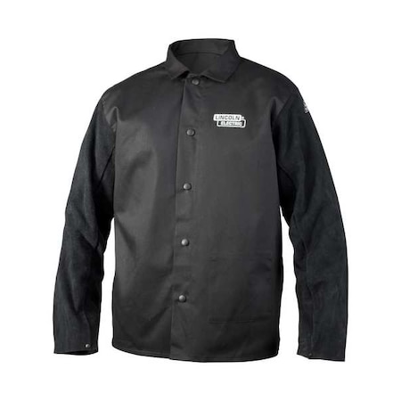 Welding Jacket, Leather, 9 oz, 30 in Length, Button Closure, 1 Pockets, Black, XL