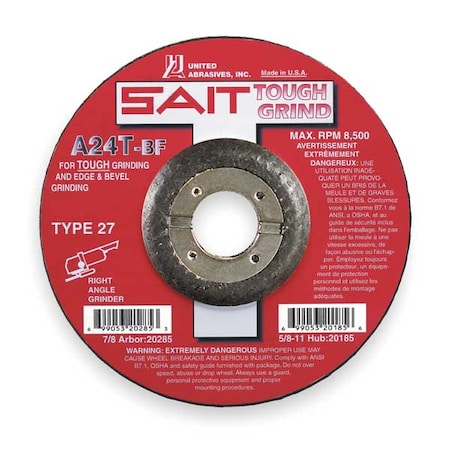 Depressed Center Grinding Wheel, Type 27, 4 1/2 in Dia, 0.25 in Thick, 7/8 in Arbor Hole Size