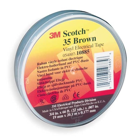Vinyl Electrical Tape, 35, Scotch, 3/4 in W x 66 ft L, 7 mil thick, Brown