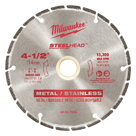 Metal Cutting Diamond Blade, 4.5 in Dia, 0.11 in Thick, 5/8 in; 7/8 in Arbor Hole Size, Diamond