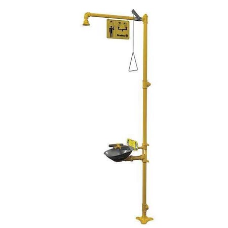 Shower with Eyewash, Floor Mount, Galvanized Steel Pipe, 94 1/8 in H, Stainless Steel Bowl, Yellow