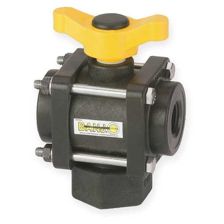 3/4" FNPT Polypropylene Ball Valve 3-Way, Body Style: Inline