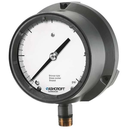Process Pressure Gauge, 0 to 30 psi, 4 1/2 in Dial, 1/2 in NPT, Bottom Location