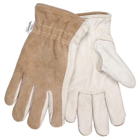 Leather Drivers Gloves, Cowhide, Shirred Slip-On, Keystone Thumb, Gunn Cut, Beige / Brown, XL 12 PK