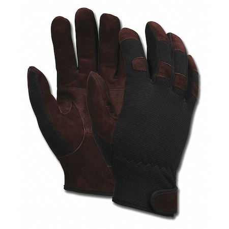 Mechanics Gloves, Cowhide, Spandex(R), Hook-and-Loop Cuff, Full Finger, Black/Brown, M, 12 PK