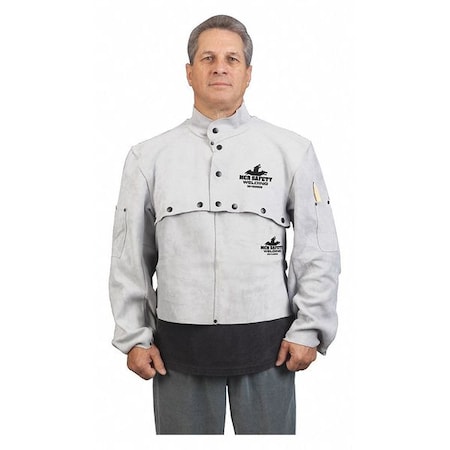 Welding Cape Sleeve, Leather, 32 oz/sq yd, 26 in Length, Snap Closure, 2 Pockets, Gray, 2XL