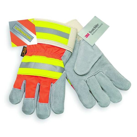 Leather Gloves, Cowhide, Safety Cuff, Wing Thumb, Full Finger, Gray, L, 1 PR