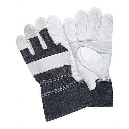 Leather Palm Gloves, Cotton, Safety Cuff, Wing Thumb, Gray Palm, Blue and Gray Back, L, 12 PK