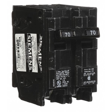 Miniature Circuit Breaker, Q Series, 70A, 2 Pole, 120/240V AC, 10kA at 120V AC