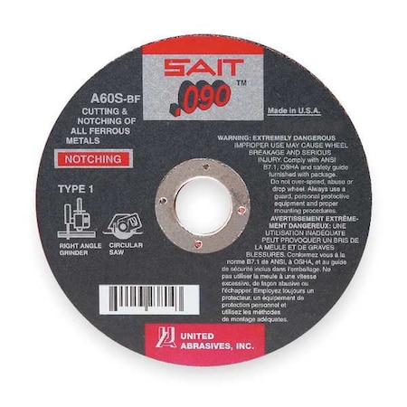 Abrasive Cut-Off Wheel, Type 1, 4 1/2 in Dia, 0.09 in Thick, 7/8 in Arbor Hole Size, Aluminum Oxide